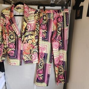 SHEIN Pink & Gold Baroque Print Blouse